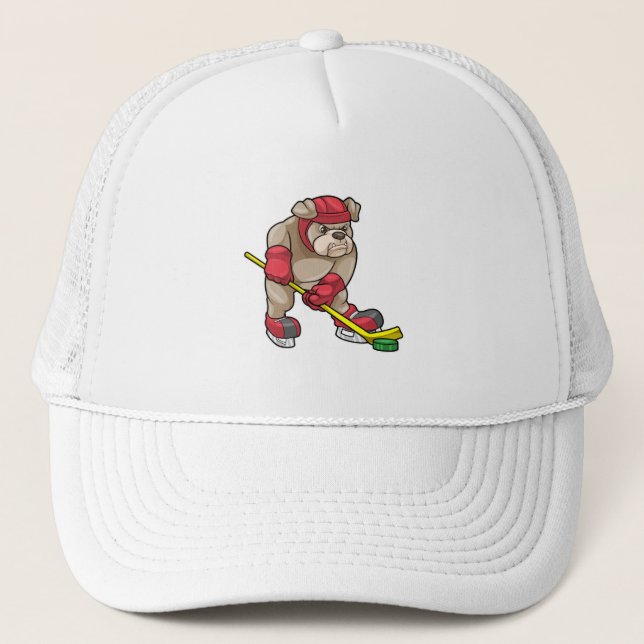 Bulldog at Ice hockey with Ice hockey stick Trucker Hat (Front)