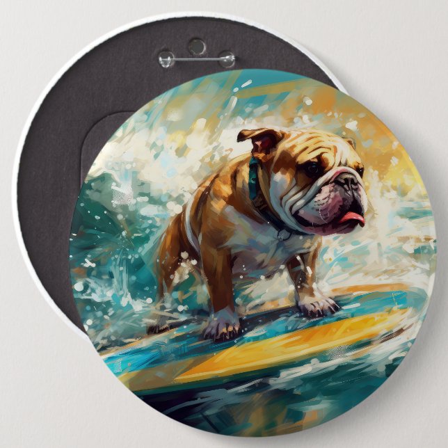 Bulldog Beach Surfing Painting 6 Cm Round Badge (Front & Back)