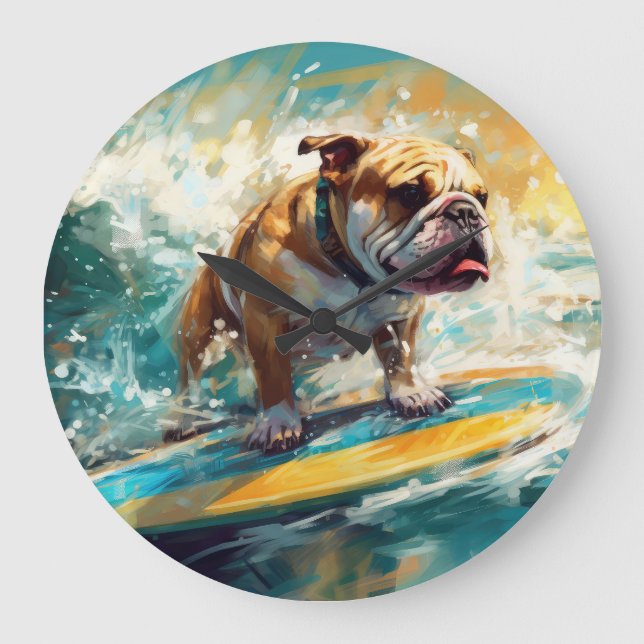 Bulldog Beach Surfing Painting Large Clock (Front)