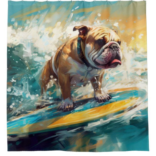 Bulldog Beach Surfing Painting Shower Curtain (Front)
