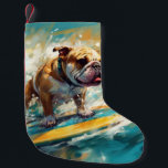 Bulldog Beach Surfing Painting Small Christmas Stocking<br><div class="desc">Immerse yourself in the playful world of canine adventure with this captivating painting. A spirited dog takes to the waves, skilfully riding the surf on a sun-kissed beach. The vibrant artwork beautifully captures the essence of beachside excitement as the dog fearlessly rides the waves, embodying the spirit of fun and...</div>