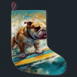 Bulldog Beach Surfing Painting Small Christmas Stocking<br><div class="desc">Immerse yourself in the playful world of canine adventure with this captivating painting. A spirited dog takes to the waves, skilfully riding the surf on a sun-kissed beach. The vibrant artwork beautifully captures the essence of beachside excitement as the dog fearlessly rides the waves, embodying the spirit of fun and...</div>