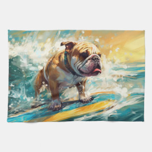 Bulldog Beach Surfing Painting Tea Towel