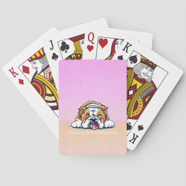 Bulldog Being Adorable Pink Off-Leash Art™ Playing Cards (Back)
