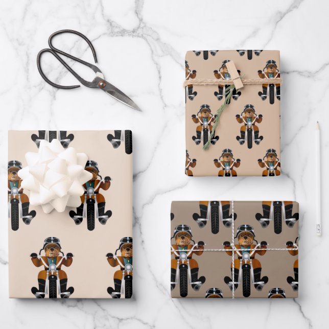 Bulldog Biker Riding Motorcycle Fun Wrapping Paper Sheet (Front)