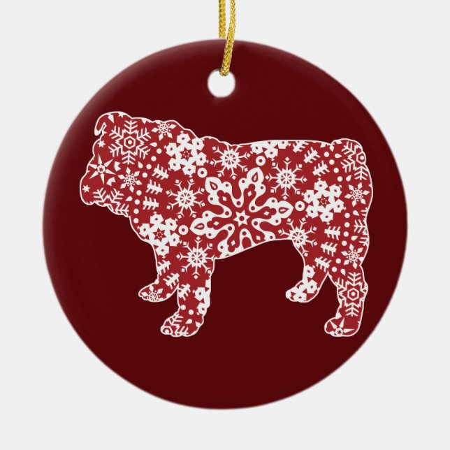 Bulldog, Boho Christmas Snowflakes Ceramic Tree Decoration (Front)