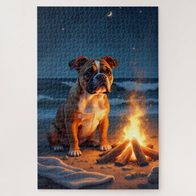Bulldog Bonfire Beach Night Scene Jigsaw Puzzle (Vertical)