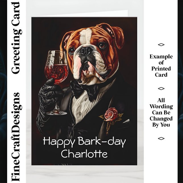 Bulldog, Bow Tie & Wine CR8 Custom Name Birthday  Card (Creator Uploaded)