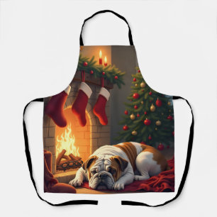 Bulldog by the Fireplace Christmas Painting Apron