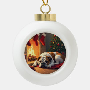 Bulldog by the Fireplace Christmas Painting Ceramic Ball Christmas Ornament