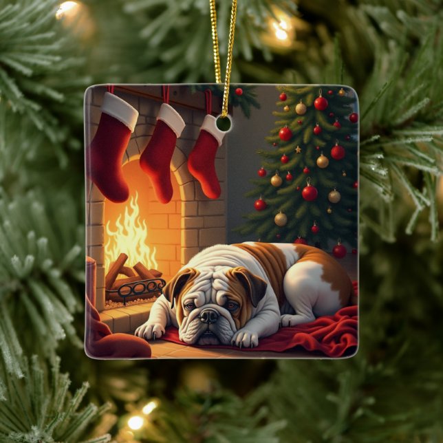 Bulldog by the Fireplace Christmas Painting Ceramic Ornament (Tree)
