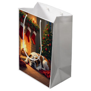 Bulldog by the Fireplace Christmas Painting Medium Gift Bag