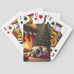 Bulldog by the Fireplace Christmas Painting Playing Cards