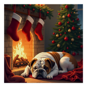 Bulldog by the Fireplace Christmas Painting Poster
