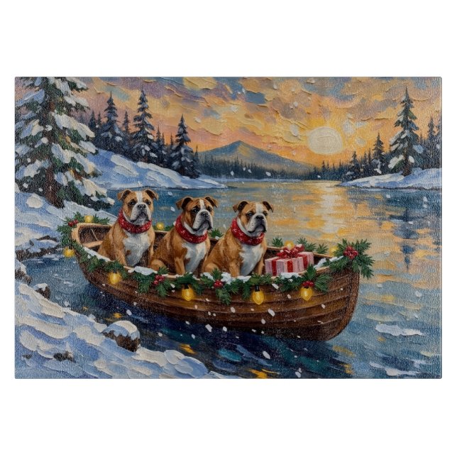 Bulldog Christmas Boat Holiday Cutting Board (Front)