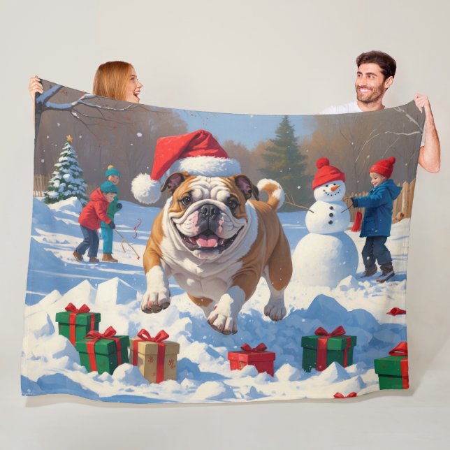 Bulldog Christmas Festive Snow Scene Fleece Blanket (In Situ)
