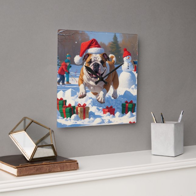 Bulldog Christmas Festive Snow Scene Square Wall Clock (Office)
