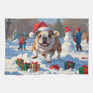Bulldog Christmas Festive Snow Scene Tea Towel