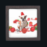 Bulldog Christmas Gift Box Ornaments Red Santa Hat<br><div class="desc">Cute Bulldog wearing Santa Hat with Christmas Gift boxes and ornaments.</div>