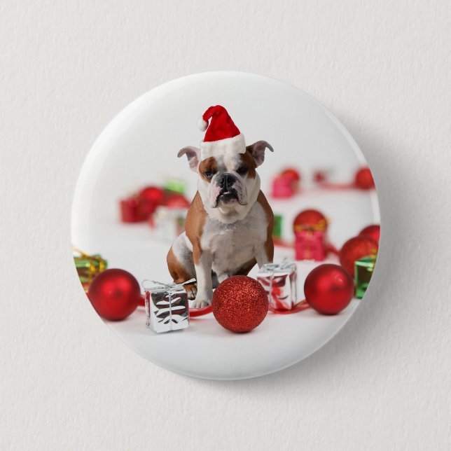Bulldog Christmas Gift Box Ornaments Red Santa Hat 6 Cm Round Badge (Front)