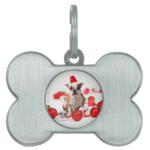 Bulldog Christmas Gift Box Ornaments Red Santa Hat Pet Name Tag
