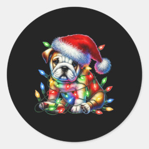 Bulldog Christmas Lights Santa Hat Dog Lover Classic Round Sticker