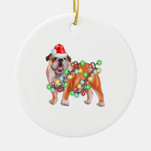 Bulldog Christmas Lights Santa Hat Xmas Dog Lover Ceramic Tree Decoration