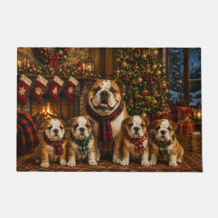 Bulldog Christmas Painting with 4 Puppies Doormat