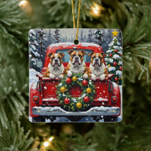 Bulldog Christmas Red Truck Holiday Ceramic Ornament
