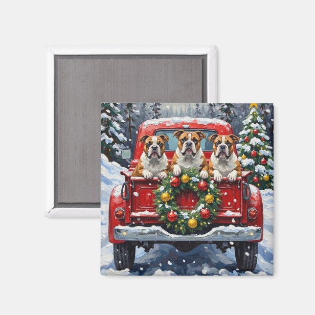 Bulldog Christmas Red Truck Holiday Magnet (Front/Back)