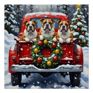 Bulldog Christmas Red Truck Holiday Poster
