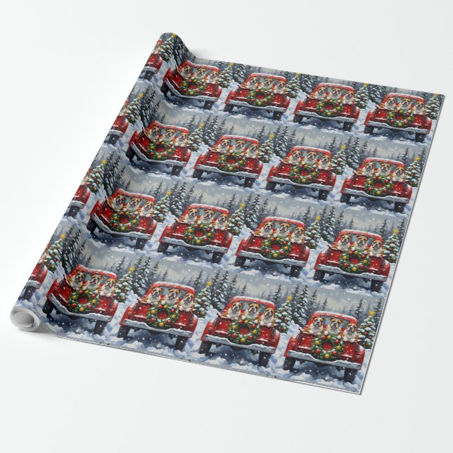 Bulldog Christmas Red Truck Holiday Wrapping Paper (Unrolled)