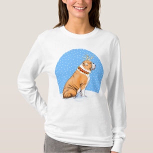 Bulldog Christmas Reindeer Red & White T-Shirt