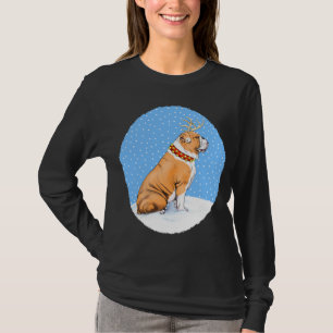 Bulldog Christmas Reindeer Red & White T-Shirt