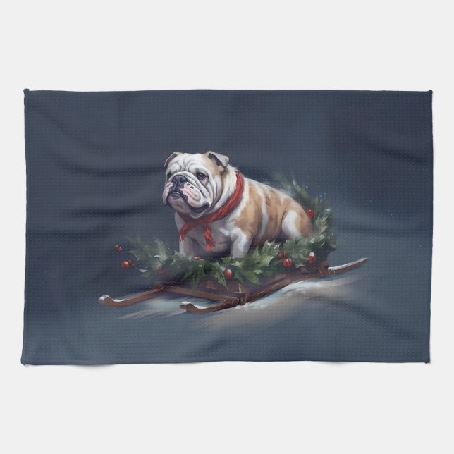 Bulldog Christmas snow winter Tea Towel (Horizontal)