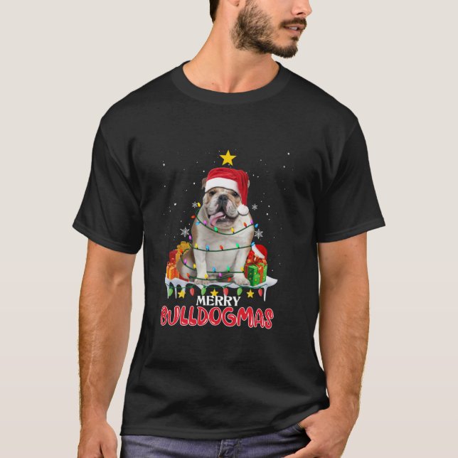 Bulldog Christmas Tree Dog Santa Boys Girls Merry  T-Shirt (Front)