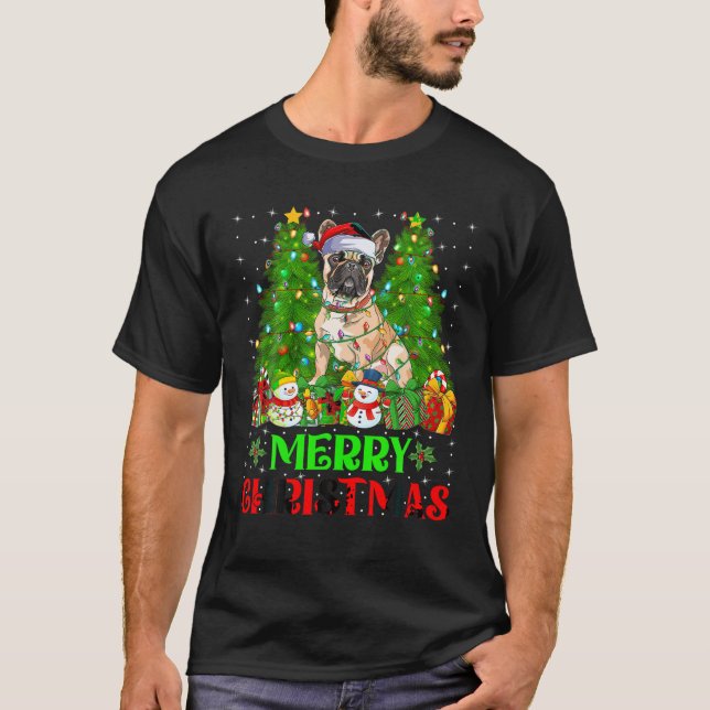 Bulldog Christmas Tree Lights Dog Holiday Santa Bu T-Shirt (Front)