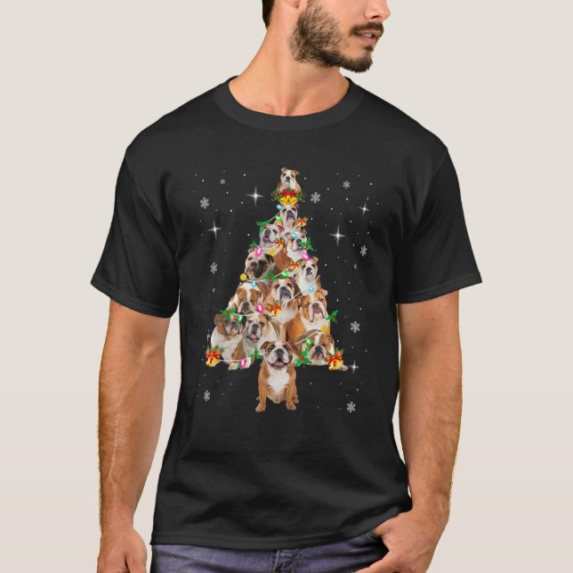 Bulldog Christmas Tree Lights Xmas Pajama Dog Love T-Shirt (Front)