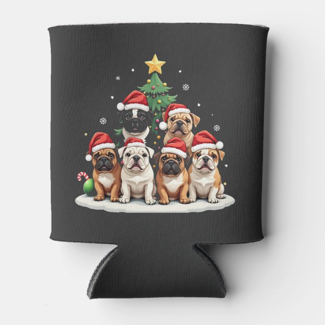 Bulldog Christmas Tree Santa Hat Puppy Lovers  Can Cooler (Front)