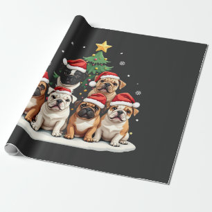 Bulldog Christmas Tree Santa Hat Puppy Lovers  Wrapping Paper