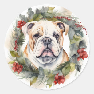 Bulldog Christmas Wreath Festive Pup  Classic Round Sticker