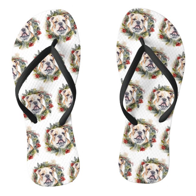 Bulldog Christmas Wreath Festive Pup  Jandals (Footbed)