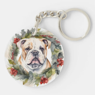 Bulldog Christmas Wreath Festive Pup Key Ring