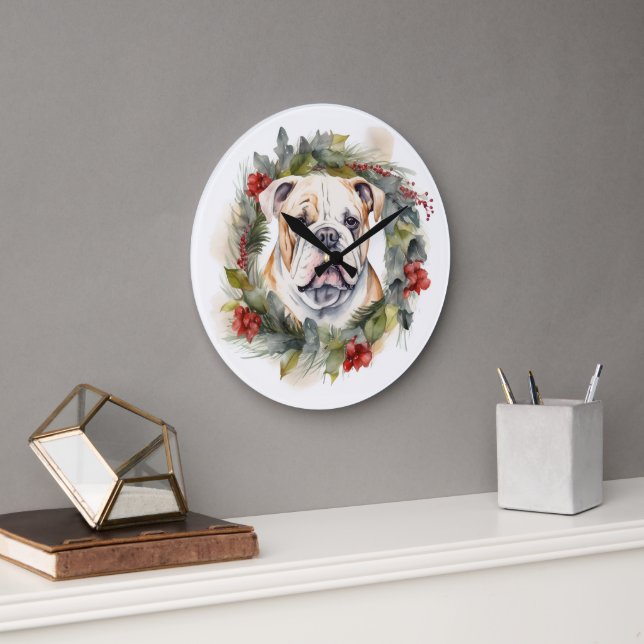 Bulldog Christmas Wreath Festive Pup  Large Clock (Office)