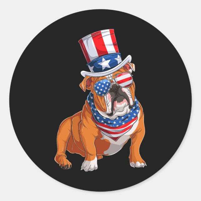 Bulldog Dog 4th Of July American Flag  Classic Round Sticker (Front)