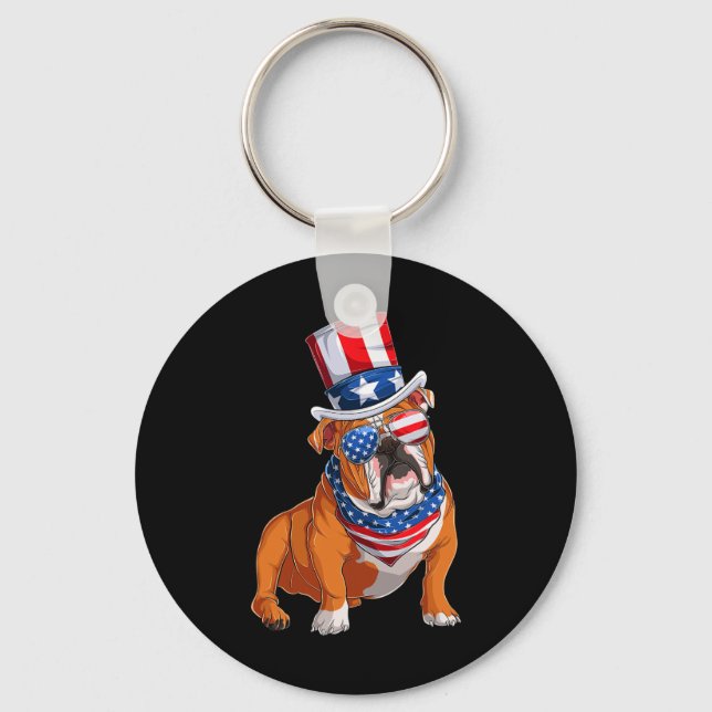 Bulldog Dog 4th Of July American Flag  Key Ring (Front)