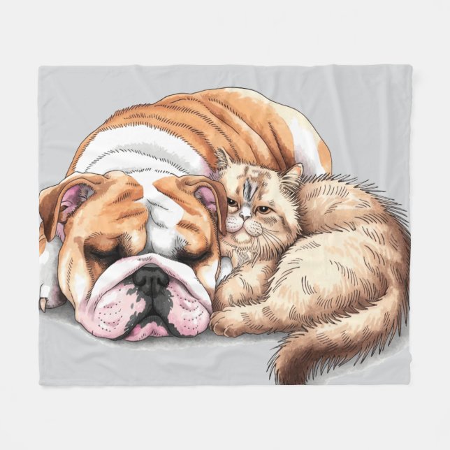 Bulldog Dog and Cat Fleece Blanket Love Cuddle  (Front (Horizontal))