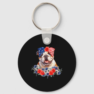 Bulldog Dog Bandanna American Flag 4th Of July Key Ring