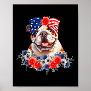 Bulldog Dog Bandanna American Flag 4th Of July  Poster