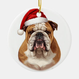 Bulldog Dog Santa Hat Merry Christmas Art Ceramic Tree Decoration